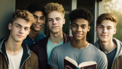 Group of Diverse and Empowered Multiracial Youth Male High School Students Working Together in Book Club : Power of Collaboration in Clubs, Sports Teams (generative AI)