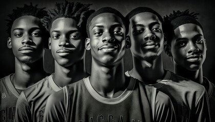 Group of Diverse and Empowered African American Black Youth Male High School Students Working Together in Basketball : Power of Collaboration in Clubs, Sports Teams (generative AI)