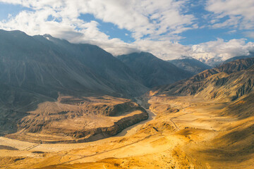 Aerial view of Karakoram high mountain hills. Nature landscape background, Skardu-Gilgit, Pakistan. Travel on holiday vacation.