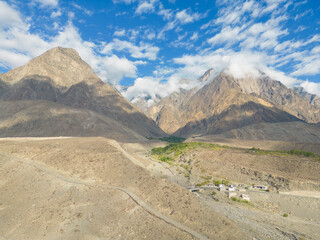 Aerial view of Karakoram high mountain hills. Nature landscape background, Skardu-Gilgit, Pakistan. Travel on holiday vacation.