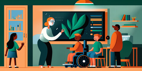 A teacher with a disability working with students, using innovative teaching methods and technology to create an accessible and inclusive classroom. Generative AI...