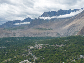 Fototapeta na wymiar Aerial view of Karakoram high mountain hills. Nature landscape background, Skardu-Gilgit, Pakistan. Travel on holiday vacation.