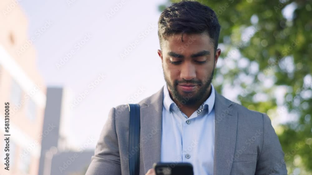 Poster Business man, city and phone text of a happy Indian person with a gps, social media and networking app. Outdoor, road and urban street walking of a financial employee with mobile connection and 5g