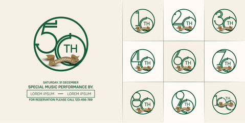 set of anniversary logotype green color in circle and brown ribbon for special celebration event