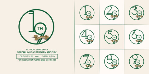 set of anniversary logotype green color in circle and brown ribbon for special celebration event