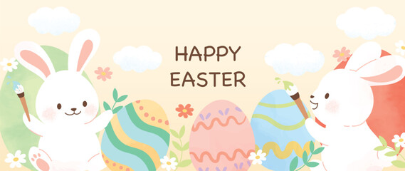 Happy Easter watercolor background vector. Hand drawn fluffy cute white rabbits painting easter eggs, flowers and leaf branch. Adorable doodle design for decorative, card, kids, banner, poster.
