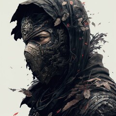 Intricate weaponry and a unique mask: The cinematic shot of a terrifying ninja on a white background will sharpen the details in 8K, by Marcin Nagraba and Rebecca Millen , Generative ai