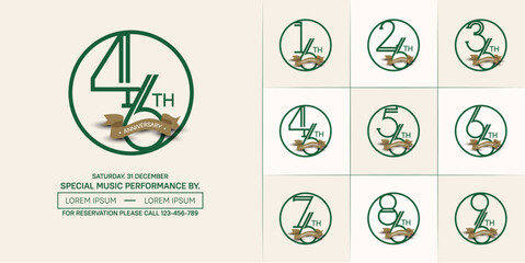 set of anniversary logotype green color in circle and brown ribbon for special celebration event
