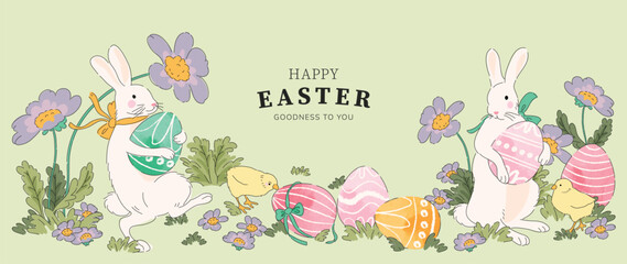 Obraz na płótnie Canvas Happy Easter watercolor background vector. Hand drawn comic white rabbits with easter eggs in garden, spring flowers and chicken. Adorable doodle design for decorative, card, kids, banner, poster.