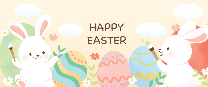 Happy Easter watercolor background vector. Hand drawn fluffy cute white rabbits painting easter eggs, flowers and leaf branch. Adorable doodle design for decorative, card, kids, banner, poster.