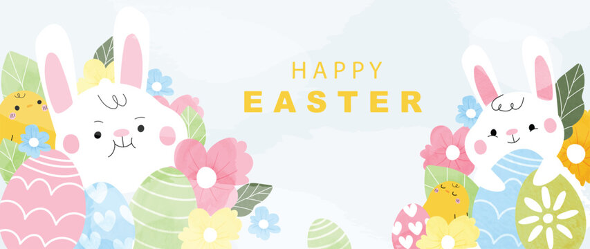 Happy Easter watercolor background vector. Hand painted fluffy cute white rabbit with easter eggs, spring flowers, leaf and chick. Adorable doodle design for decorative, card, kids, banner, poster.