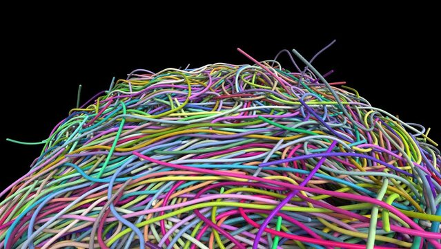 colorful of chaos wire cable tube. 3d animation rendered with alpha channel.