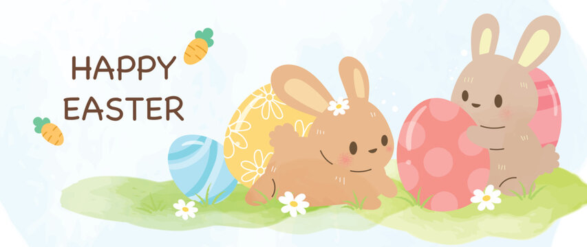 Happy Easter watercolor background vector. Hand drawn fluffy cute rabbits playing with shiny easter eggs in garden, flower, carrot. Adorable doodle design for decorative, card, kids, banner, poster.