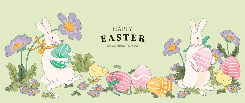 Happy Easter watercolor background vector. Hand drawn comic white rabbits with easter eggs in garden, spring flowers and chicken. Adorable doodle design for decorative, card, kids, banner, poster.