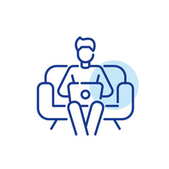 Obraz premium Guy sitting on a sofa with a computer. Working from home freelance office. Pixel perfect, editable stroke line icon
