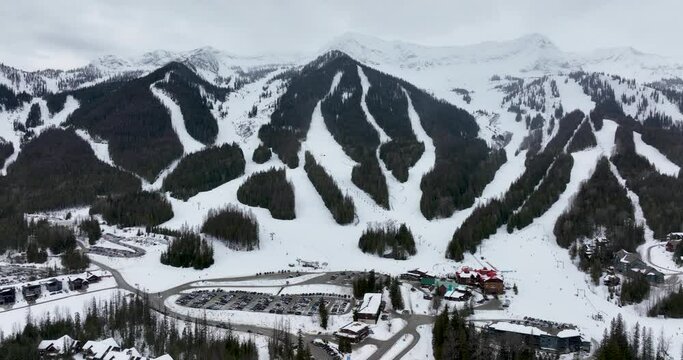 Fernie British Columbia Canada Ski Resort Aerial View Looking at Lifts Slopes Mountains Winter Season