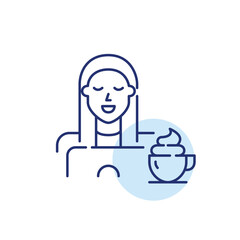 Girl having coffee with whipped cream on top while studying at her laptop. Pixel perfect, editable stroke line icon