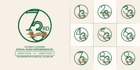 set of anniversary logotype green color in circle and brown ribbon for special celebration event