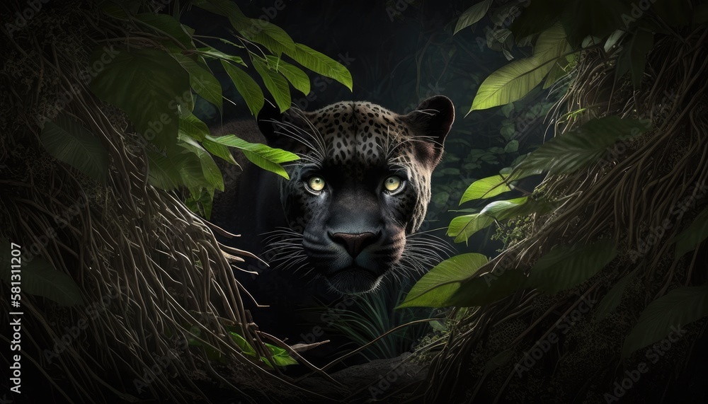 Wall mural leopard hiding in the forest. created with generative ai.