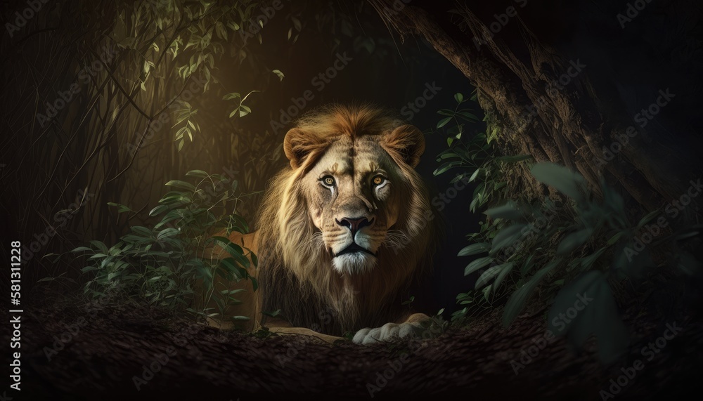 Wall mural hidden lion in the forest. created with generative ai.