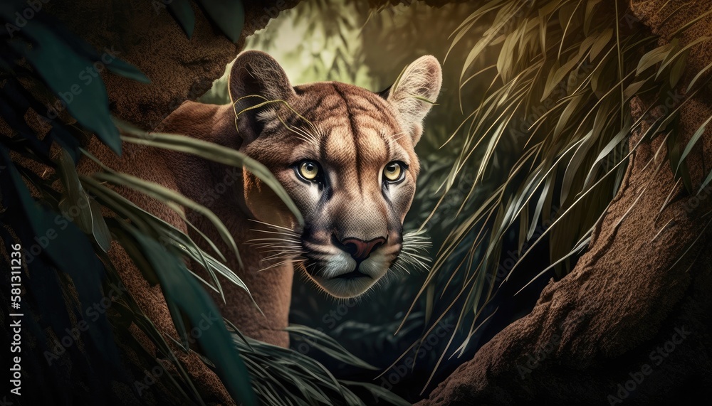 Wall mural puma hidden in the forest. created with generative ai.