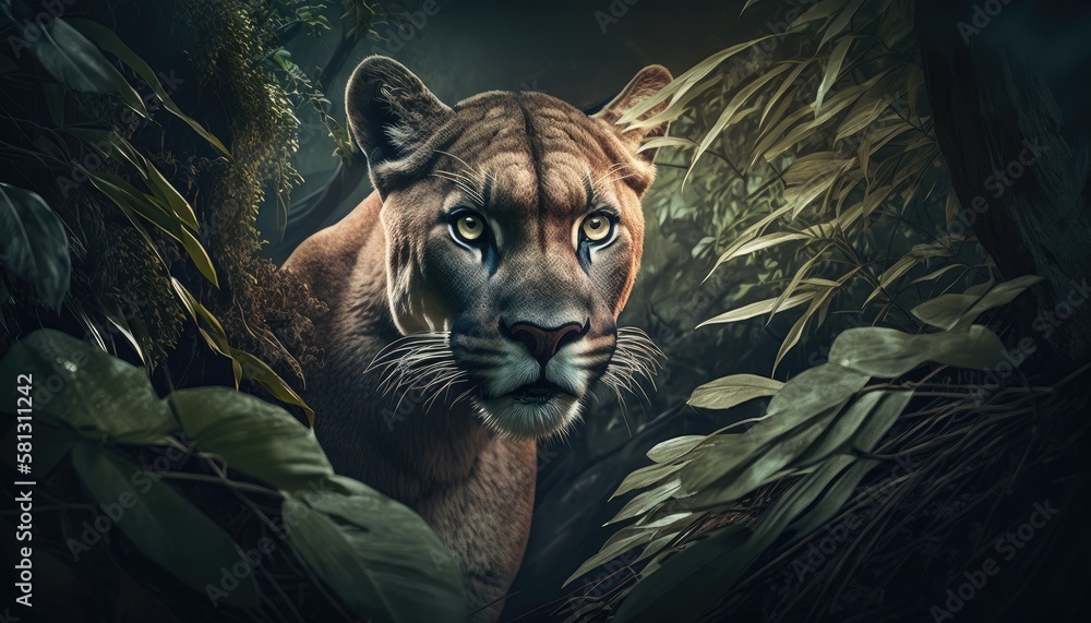 Wall mural puma hidden in the forest. created with generative ai.
