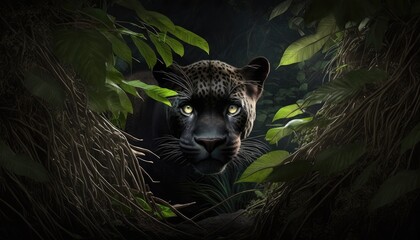 leopard hiding in the forest. Created with Generative AI.