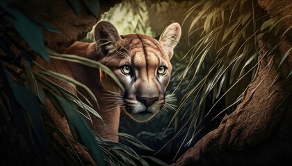 puma hidden in the forest. Created with Generative AI.