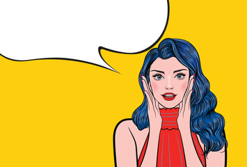 Beautiful pop art woman with wow face holding her hand near her cheek with speech bubble. Sale or sale poster with sexy girl in club.