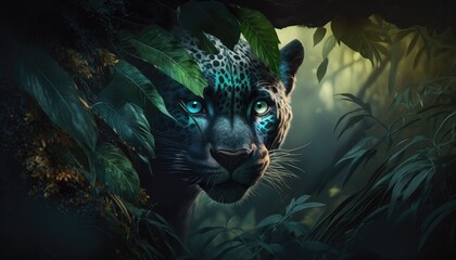 leopard hiding in the forest. Created with Generative AI.