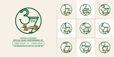 set of anniversary logotype green color in circle and brown ribbon for special celebration event