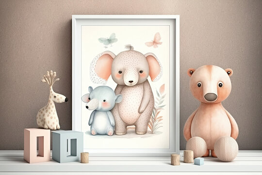 An illustration for a children's room or a greeting card for a child, a drawing as if drawn by a child, a cute illustration of animals on a pastel background, gentle colors, generative AI