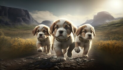 three adventurous puppies. Created with Generative AI.