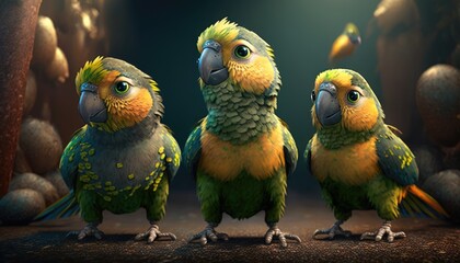 three adventurous parrots. Created with Generative AI.