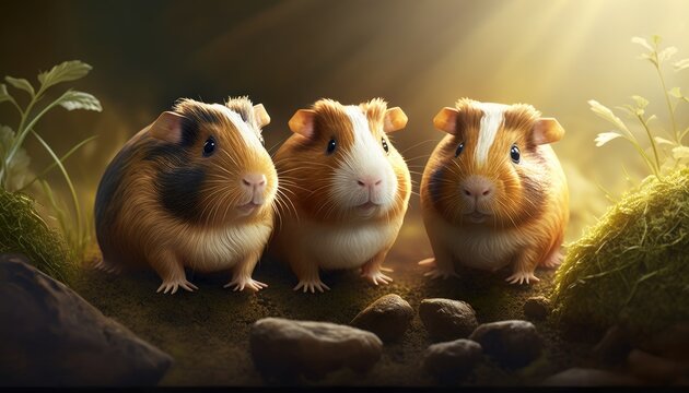 three adventurous guinea pigs. Created with Generative AI.
