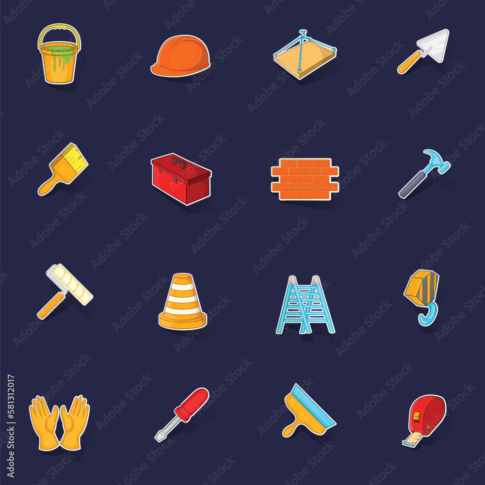 Poster working tools icons set stikers collection vector with shadow on purple background
