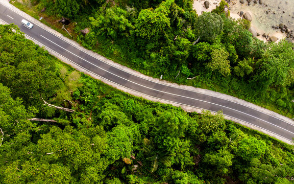 Aerial view of empty road with green forest © Johnster Designs