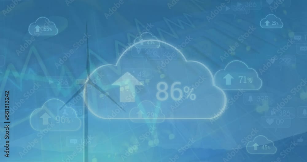 Aufkleber animation of clouds icons with percents over data processing and wind turbine