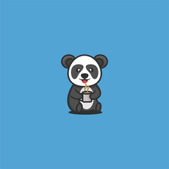 Cute panda sitting drinking coffee