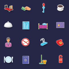 Hotel icons set stikers collection vector with shadow on purple background