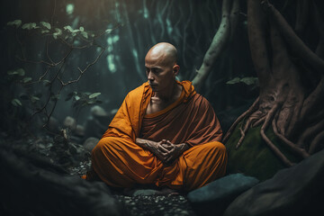Generative ai illustration of Buddhist monk in meditation in jungle forest - obrazy, fototapety, plakaty