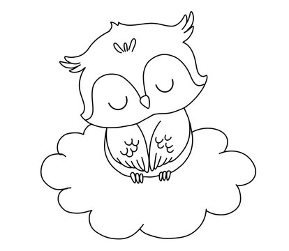 Cute dreaming owl on cloud. Cartoon hand drawn vector outline illustration for coloring book. Line baby animal