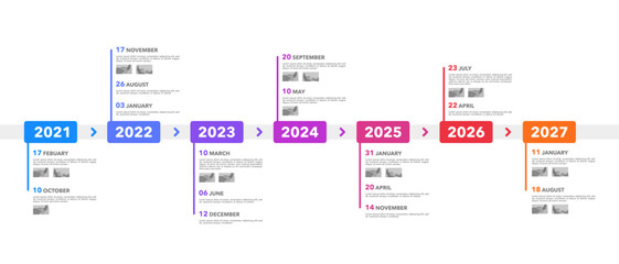 Business infographics 7 years on timeline diagrams. Milestone, Anniversary, Report, Company, and Data. Vector illustration.