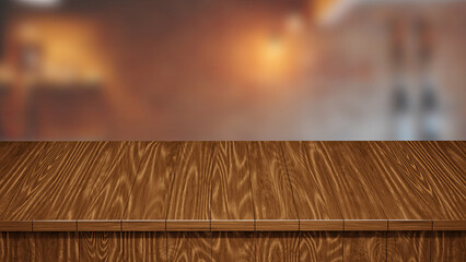 Realistic Wood table, Wood Board top front view 3d render with a blurred background