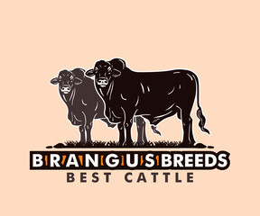 BRANGUS BREEDING FARM LOGO, silhouette of big and strong bull standing vector illustrations