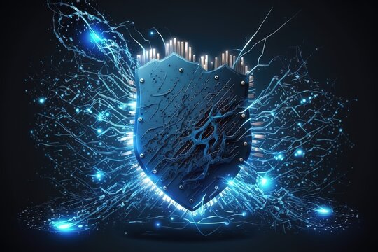 Concept of cyber attack. Cyber security destroyed. Shield destroyed on electric circuits network dark blue. Information leak concept. Vector illustration.