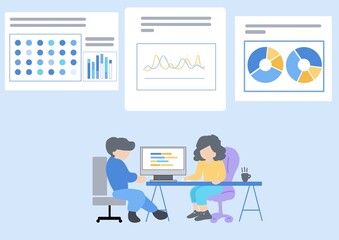Flat design team meeting about data analytics business and finance chart. marketing planning on computer. data visualization and dashboard concept.