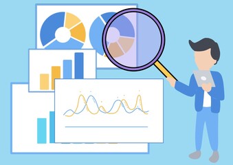 Flat design team meeting about data analytics business and finance chart. marketing planning on presentation. data visualization and dashboard concept.