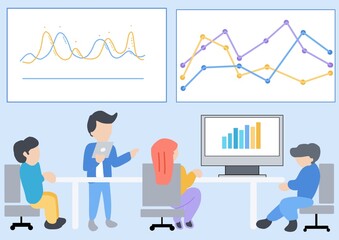 Flat design team meeting about data analytics business and finance chart. marketing planning on computer. team meeting and marketing presentation concept.