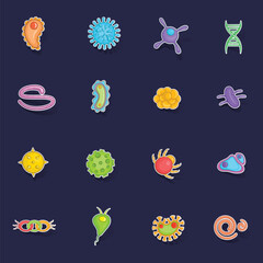 Virus icons set stikers collection vector with shadow on purple background